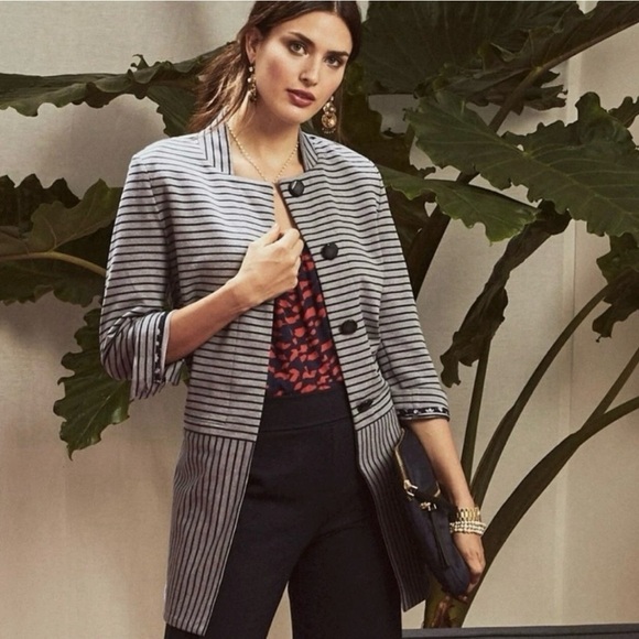 CAbi #5474 Dapple Stripe Car Coat Gray Blue Knit Jacket Ponte Knit Trench Sz M - Picture 8 of 16